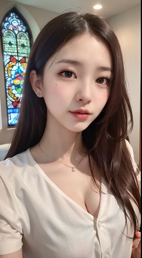 (The background is a monastery:1.3, Beautiful stained glass:1.3), (64k, RAW photo, best quality, masterpiece:1.4), (realistic, photo-realistic:1.3), 20 years old girl, (white shirt:1.3), (frilled miniskirt:1.3), ultra detailed face and eyes, ((full body sh...