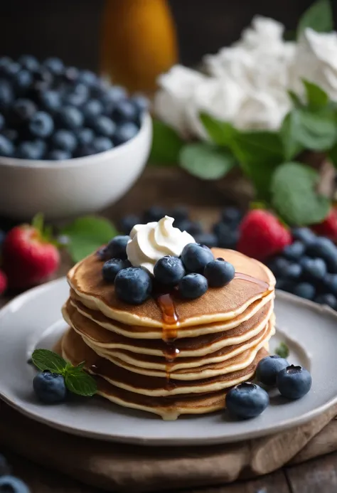 Protein pancakes with whipped cream cheese and blueberries