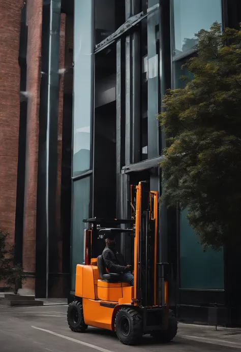 Forklift erecting a building