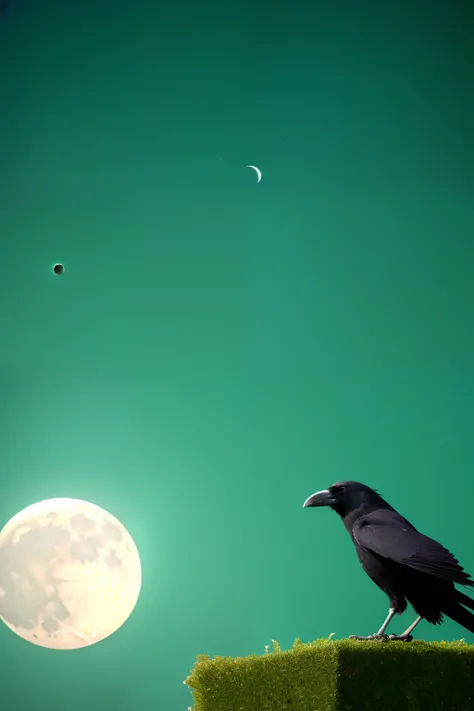 A crow flying in the green world、I see the moon