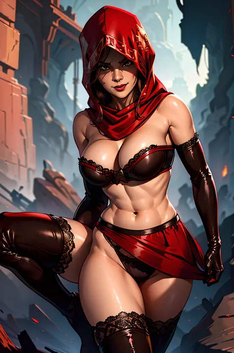 Dsorceress, SDress, elbow gloves, red hood, midriff, brown strapless bra. black panties, lace-trimmed thigh boots, red skirt, cleavage, bare shoulders, 1girl, solo, facing viewer, looking at viewer, smile