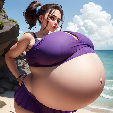 Ponytail, brown hair,Big Baby Bump pregnant,blue bra and skirt l, Big boobs, nipple, cum,16 years girl, Big pregnant Belly, Big Pregnant girl, Largest Belly of Pregnant, Huge Pregnancy Belly, purple eyes, huge 9 months Pregnancy Belly, background beach, bi...