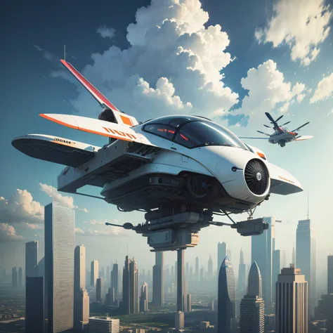 Futuristic flying car, In the sky, Below you can see the futuristic city