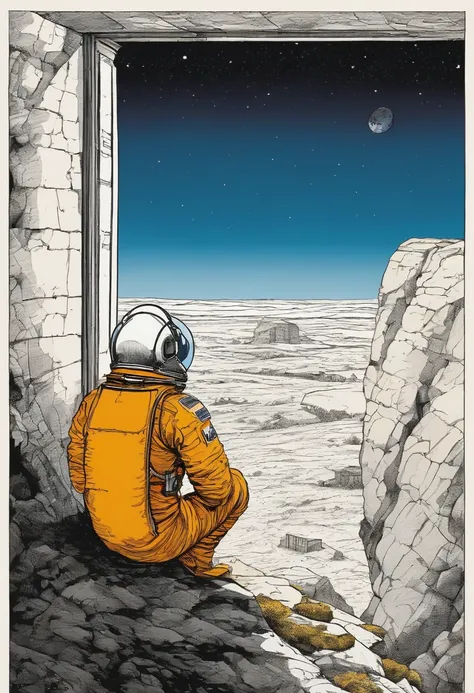 pen and ink, illustrated by hergé, a lonely astronaut watching the Earth. Sadness, stunning color scheme, masterpiece