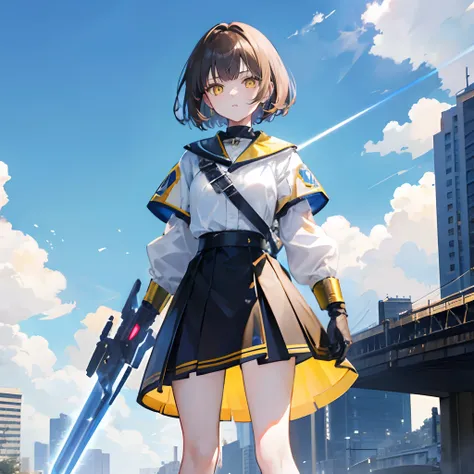 brunette color hair，short detailed hair，By bangs，Yellow eyes，adolable，teens girl，Tech armor has skirts，Laser sword in hand，frontage，frontal photos，full-body photo on the front，All body，Background city，with blue sky and white clouds