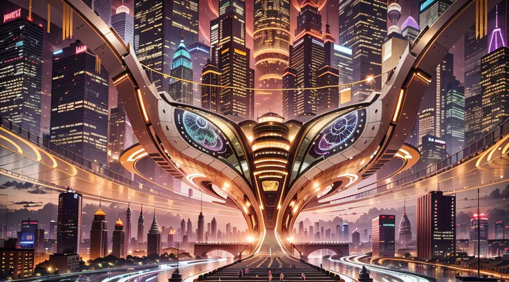 Enter a fascinating vision of the future through captivating futuristic images of the city of Shanghai. The towering giant skyscraper is decorated with gold ornaments and a smooth glass curtain wall，pierce the sky, The vibrant lights of the city that never...