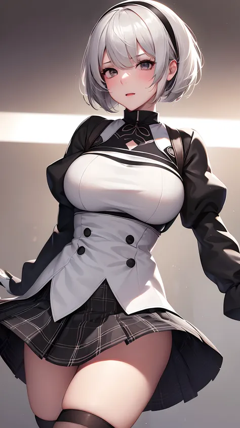 （high resolusion：1.2）， 1 girl，White Japanese School Uniform，plaid mini skirt, Silver hair,  Screaming in front of your eyes,  2b, 2b, 2b из nier automata, big tits, nier automata