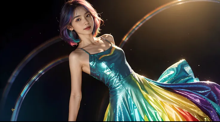 small head, (perfect bodies: 1.1), (short-length straight neat short hair: 1.2),(rainbow color hair:1.5) ,（极其细致的CG 8k壁纸），（Extremely refined and beautiful），（masterpiece:1.8），（best qualtiy：1.0），（超高分辨率：1.0），upper body，[A high resolution]cheerfulness,(a girl:1...