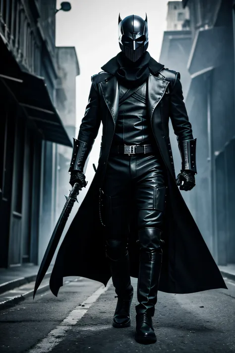 Dark villian, Walking toward person, dual blades in hand, Black mask with skull on it, Black leather outfit. Backgrounds explosions all around,