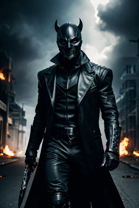 Dark villian, Walking toward person, dual blades in hand, Black mask with skull on it, Black leather outfit. Backgrounds explosions all around,