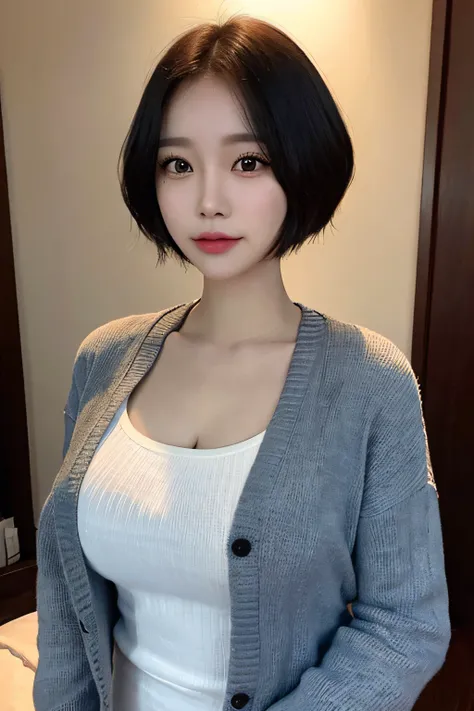 （（top-quality，8K，tmasterpiece：1.3）），Details female：1.3，（Medium Shorthair，：1.2），Cardigan：1.1，ultra - detailed，the detail，Eyelids，There is a bright light on the chest，Lighting effects