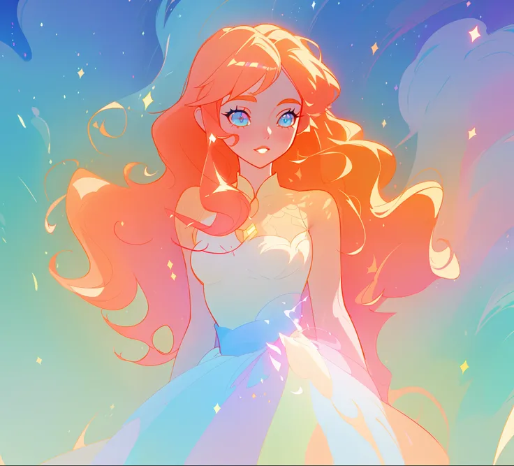 beautiful anime girl in white princess ballgown, vibrant pastel colors, (colorful), magical lights, red and gold long wavy curly hair, sparkling lines of light, inspired by Glen Keane, inspired by Lois van Baarle, disney art style, by Lois van Baarle, glow...