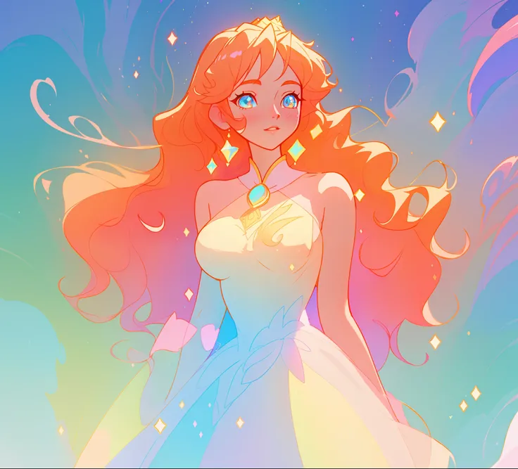 beautiful anime girl in white princess ballgown, vibrant pastel colors, (colorful), magical lights, red and gold long wavy curly hair, sparkling lines of light, inspired by Glen Keane, inspired by Lois van Baarle, disney art style, by Lois van Baarle, glow...