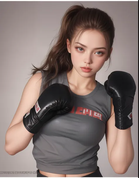 mujer con camisa gris y guantes de boxeo negros, retrato sophie mudd, guantes de boxeo, dasha taran, julia gorokhova, olga buzov...