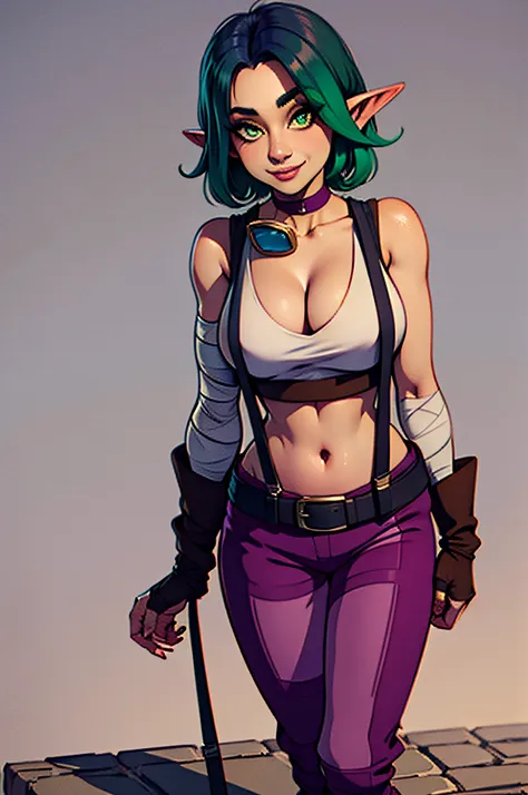 kiera, two-tone green hair, pointy ears, green eyes, kieout, cleavage, ,suspenders, white crop top ,belt, bare shoulders, bandag...