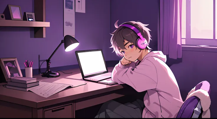 A little boy sits at his desk studying，Listen to music with headphones on，Relaxing and comfortable atmosphere in a night bedroom setting，A bit of purple and pink vibe