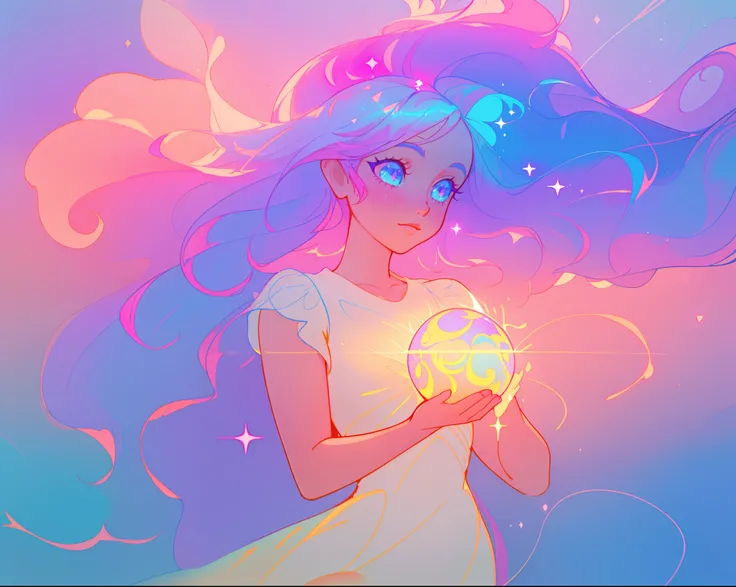 beautiful girl holding a glowing golden light, beautiful girl in flowing white dress, vibrant pastel colors, (colorful), pink purple blue theme, magical lights, colorful long hair made of liquid light, sparkling lines of light, inspired by Glen Keane, insp...