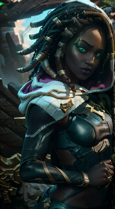 (masterpiece, ultra quality, high resolution, 8k, intricate: 1.2), (senna, from league of legends:1.6), (dark sea, dark green mist:1.2), (holding her weapon, brown top, white bottom, golden finishes:1.3), (small white cloak, hood:1.2)