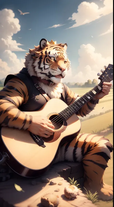 Photorealistic, 8k, tiger is playing acoustic guitar, king crown on its head, at the edge of a rice field, some small birds are flying over him, ultra detail, fantasy world background, cinematic