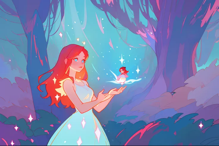 beautiful girl in the forest, beautiful girl in white dress, vibrant pastel colors, (colorful), magical lights, long red hair, sparkling lights, fairy lights, inspired by Glen Keane, inspired by Lois van Baarle, disney art style, by Lois van Baarle, glowin...