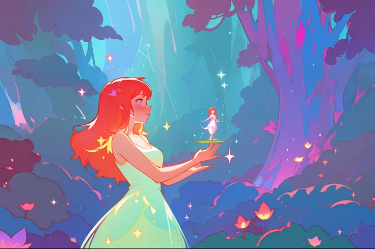 beautiful girl in the forest, beautiful girl in white dress, vibrant pastel colors, (colorful), magical lights, long red hair, sparkling lights, fairy lights, inspired by Glen Keane, inspired by Lois van Baarle, disney art style, by Lois van Baarle, glowin...