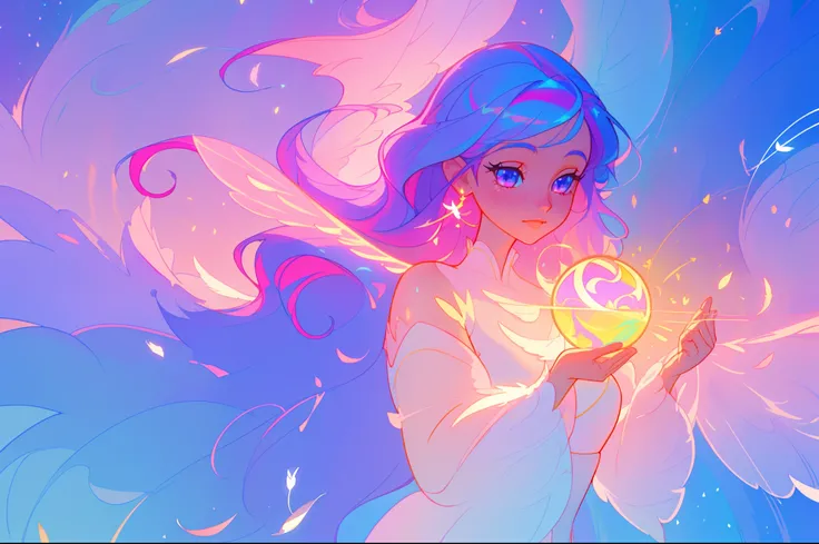 beautiful girl holding a glowing golden light, beautiful girl in flowing white dress, feathers, fairy wings, vibrant pastel colors, (colorful), pink purple blue theme, magical lights, colorful long hair made of liquid light, sparkling lines of light, inspi...