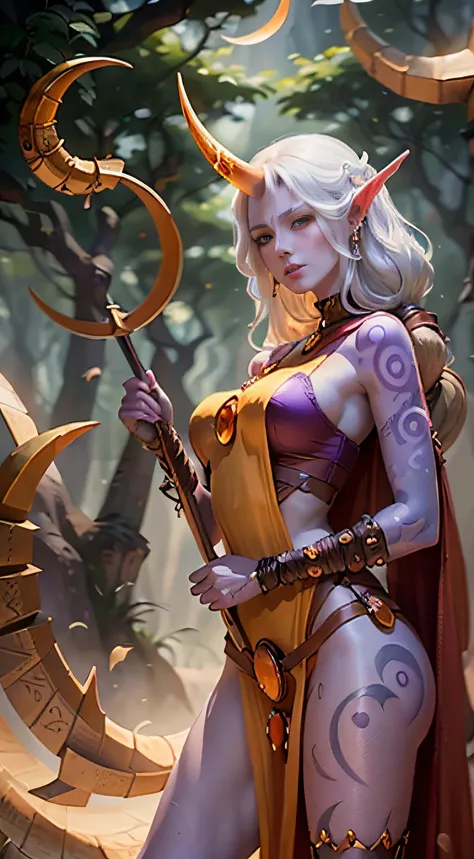 (masterpiece, ultra quality, high resolution, 8k, intricate: 1.2). female celestial elf, ((with only one large horn), (the horn is in the center of her forhead)), looking up, extreamely beautiful face features, ((holds in one hand a large magical staff tha...