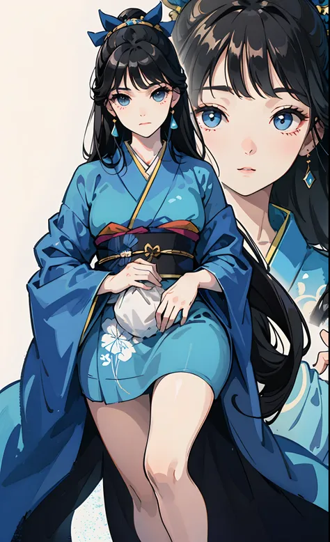 Long black hair、quaint、bewitching、baby-face、high-level image quality、Blue kimono、realisitic