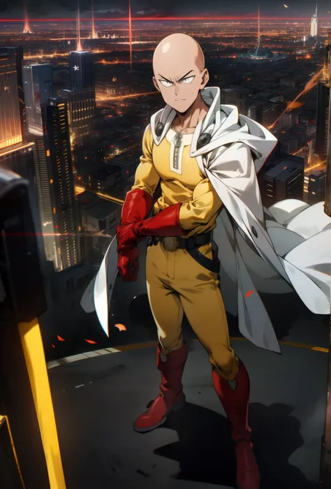 masterpiece, best quality, 1boy, (saitama), blad head, yellow clothe, black eyes, red gloves, red boots, standing, smiling, angr...