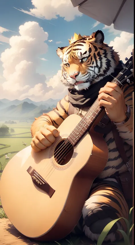 Photorealistic, 8k, tiger is playing acoustic guitar, king crown on its head, tiger king, at the edge of a rice field, some small birds are flying over him, ultra detail, fantasy world background, cinematic,