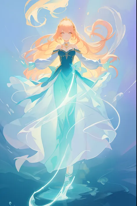 beautiful anime girl in long sleeve princess ballgown made of liquid, vibrant pastel colors, (colorful), glowing golden long hair, magical lights, sparkling liquid light, inspired by Glen Keane, inspired by Lois van Baarle, disney art style, by Lois van Ba...