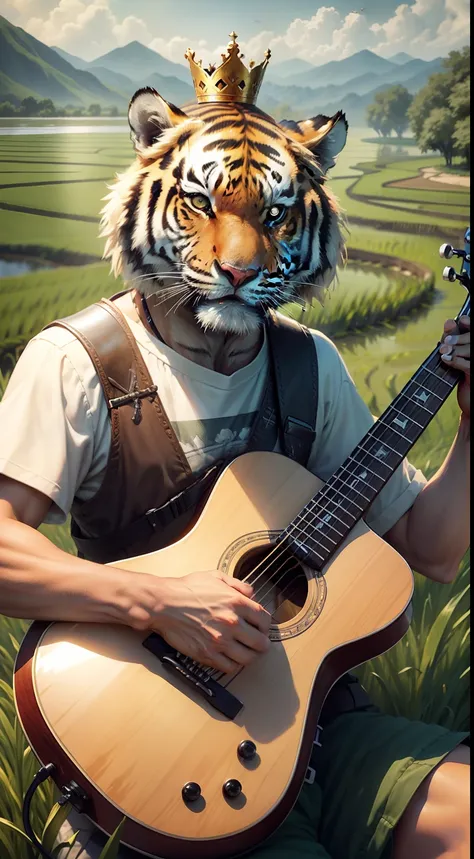 Photorealistic, 8k, tiger is playing acoustic guitar, king crown on its head, at the edge of a rice field, some small birds are flying over him, ultra detail, fantasy world background, cinematic