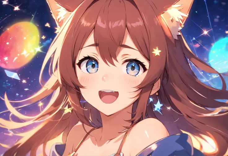 (masutepiece, Best Quality), ((1girl in, (maturefemale) Long hair), (star-shaped pupils,  +_+, symbol-shaped pupils, Sparkling eyes), (Cat ears, open open mouth)), (Looking at Viewer, lightsmile, off shoulders), (Abstract, multicolored background, Abstract...