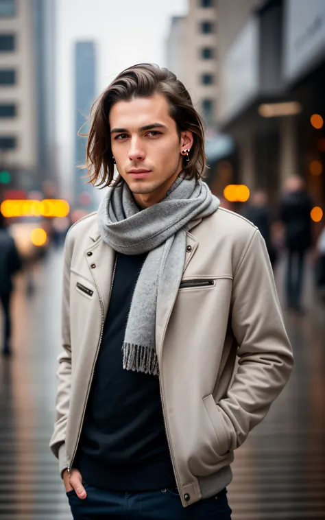 best quality, ultra photorealistic, photorealism, 8k, photograph, photo of a young man, jacket, ear studs, gray scarf, sweater, short windswept light brown hair, fit, beautiful, (effeminate), (shaved), eyeliner, standing on the walkway, background is a cro...