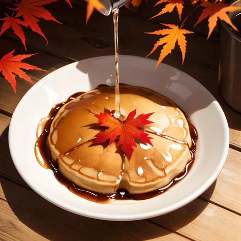 finest image, detailed and delicate depiction, Maple syrup overflowing from a faucet attached to a maple tree, pancake, Maple leaf, autumn leaves