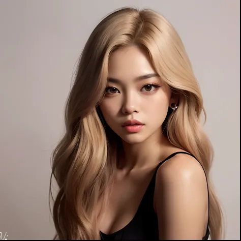 um close up de uma mulher com longos cabelos loiros e um top preto, Kim Jennie do Blackpink, jennie blackpink, Retrato de Jossi de Blackpink, wlop pele brilhante, retrato jennie do Blackpink, portrait of kpop idol, Portrait of female Korean idol, Lalisa Ma...