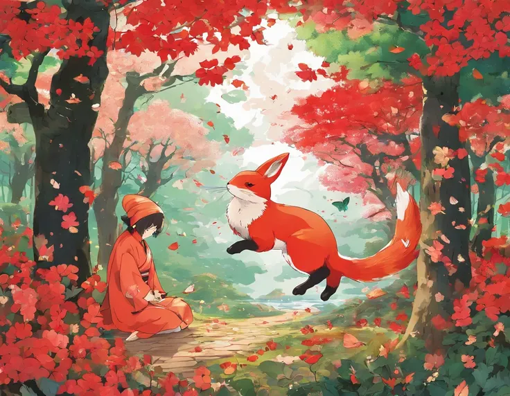 The picture shows the autumn forest，Red flowers and green leaves everywhere。The animals discuss how to celebrate birthdays for their homeland，Little swallow holds hydrangea petals to make a five-star red flag，Little rabbits blow balloons and hang them on b...