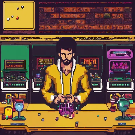 pixelart alquimista tons_homem branco, barba, Black Hair Holding Potion Smoke_amarelo escuro bonito moderno