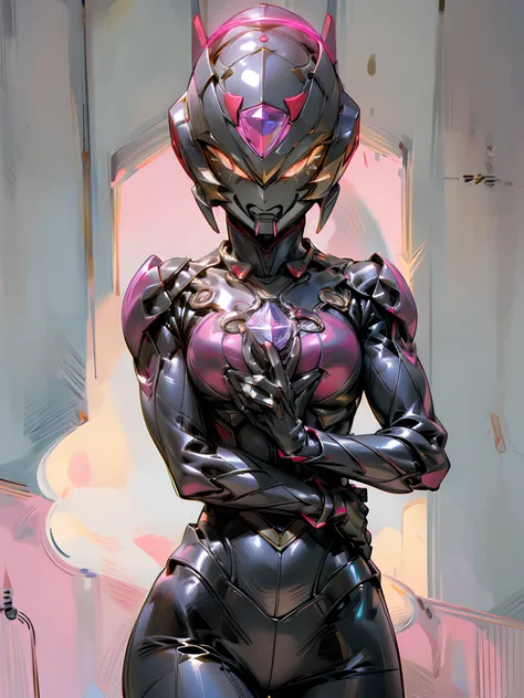 The beautiful figure of Ultraman Woman, Cover his true face with a black mask, Female Solo, Alien eyes shine。The whole body is covered with a black bodysuit, One female protagonist, Pink lines all over the body, Crystal shining on the head。The chest has a ...