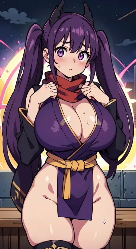 (Perfect body),Best Quality,16 K、NSFW、(ninjartist)、blush、glares、(((Surprised)))、embarrassed from,((Long hair))、hairs between eyes、Lower twin tails、()、(Eyes are purple),((Dark purple hair)),(Sweat)、(Gold decoration)、Black knee socks、(Dark purple kimono)、a m...