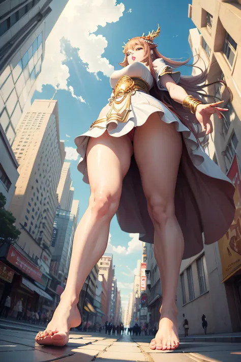 Bare feet of a giant goddess seen from below strolling through the city anime style