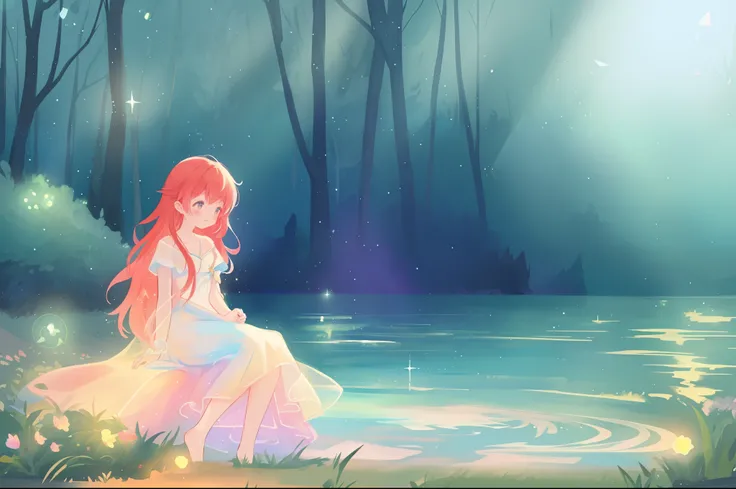 beautiful girl sitting in the water , beautiful girl in white dress, vibrant pastel colors, (colorful), magical lights, long red hair , sparkling lights, fairy lights, inspired by Glen Keane, inspired by Lois van Baarle, disney art style, by Lois van Baarl...