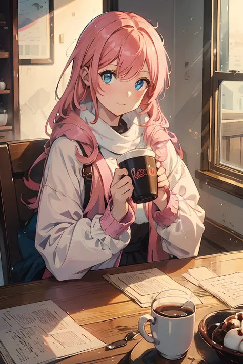 A young girl with long orange-pink hair and blue eyes holding a cup of hot chocolate. The weather is becoming colder, and winter is coming. She is inside the house, cozy and warm, enjoying her cup of hot chocolate. Simple background.