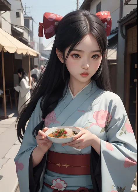 1girl in,Eating rice,Upper body、Long black hair、Old-fashioned kimono、