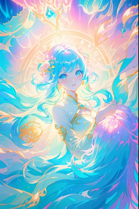 beautiful anime girl in long sleeve princess ballgown made of liquid, vibrant pastel colors, (colorful), glowing golden long hair, magical lights, sparkling liquid light, inspired by Glen Keane, inspired by Lois van Baarle, disney art style, by Lois van Ba...