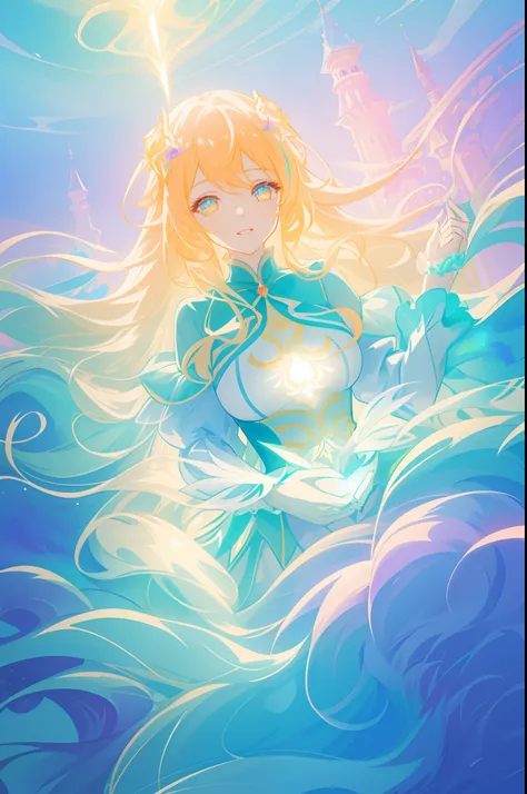 beautiful anime girl in long sleeve princess ballgown made of liquid, vibrant pastel colors, (colorful), glowing golden long hair, magical lights, sparkling liquid light, inspired by Glen Keane, inspired by Lois van Baarle, disney art style, by Lois van Ba...