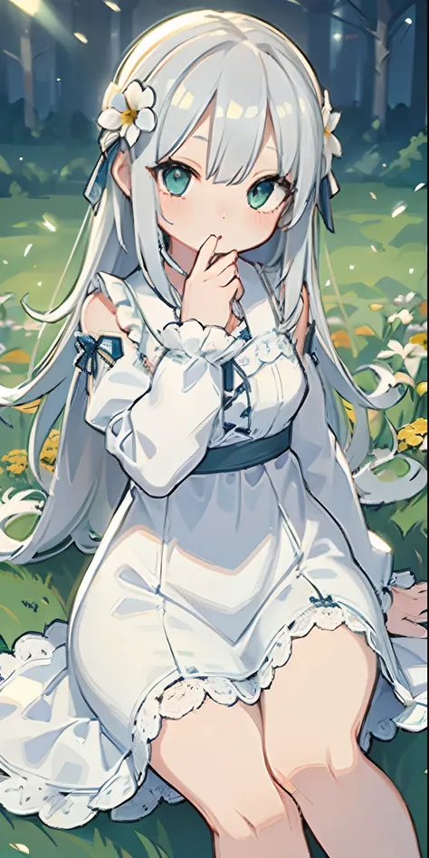 (masterpiece, best quality),1 girl with long white hair sitting in a field of green plants and flowers, hand under her chin, warm lighting, white dress, blurred foreground