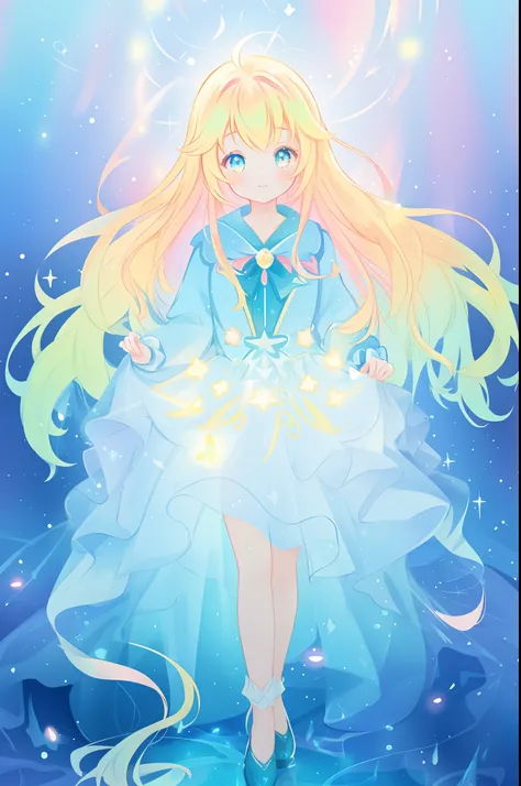 beautiful anime girl in long sleeve princess ballgown made of liquid, vibrant pastel colors, (colorful), glowing golden long hair, magical lights, sparkling liquid light, inspired by Glen Keane, inspired by Lois van Baarle, disney art style, by Lois van Ba...