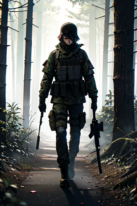 call of duty, prepper, US Military, walking through a forest. walking toward the camera, eye contact,