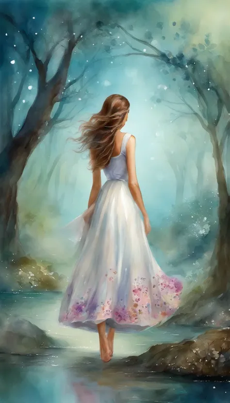 (best qualtiy，tmasterpiece), Beautiful teenage girl, Beautiful goddess, ((The shirt, short  skirt)), Beautiful hair accessories, Pear Flower Forest, Detailed scenes, the night, starrysky, cold light, (cyan colors, white colors), ((from below)), ((full body...